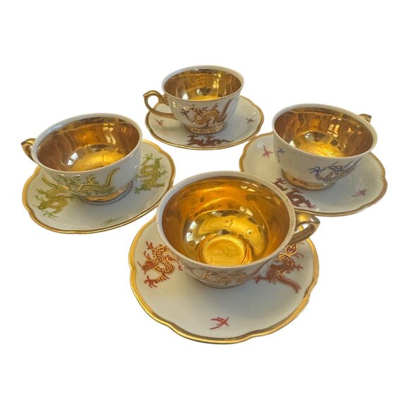 VNTG  Japanese Dragon Teacup Set 4Pc Gold Gilded Porcelain Collectible Decor - Picture 1 of 10